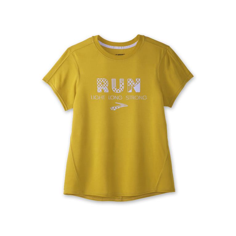 Brooks Distance Graphic Womens Short Sleeve Running Shirt - Heather Golden Hour/Run/grey - Indonesia